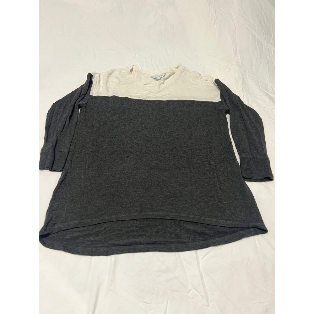 Liz Claiborne Womens Colorblock Tunic Top Gray Cream 3/4 Sleeve Size L High Low